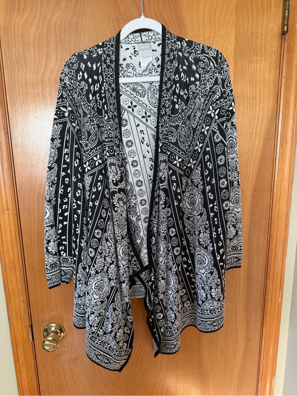 Chico's Black & White Paisley Bandana-Print Open Cardigan